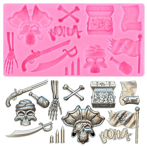 RFGHAC Piraten-Silikonformen, Skelett, Totenkopf, Fondant, Schokoladenform, Schatztruhe, Piratenflagge, Schwert, Kugelform zum Dekorieren von Kuchen,Süßigkeiten, Polymer-Ton, Blütenpaste, 1 Stück