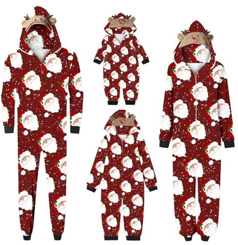 Pigiama Natale Famiglia Tute Comodo Pigiama Invernale Donna Tuta Invernale Tutta la Famiglia Completo per Natale Con Cappuccio Tute Intero Lungo Pigiami Intero per Uomo Donna Bambino Regalo Natalizio