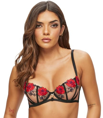 Ann Summers Caged Rose Non-Padded Balcony Bra Sheer Mesh, Embroidered Womens Underwear with Gold-Toned Detail, Stylish & Comfy Black Bra - Genuine Womens Lingerie