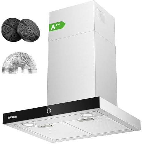 IsEasy Hottes Aspirantes 60cm, 590 m³/h, Hotte de Cuisine Silencieuse, Hotte Murale, 4 Vitesses, Evacuation & Recyclage, LED Eclairage, Fonction D'arrêt Différé, 67 dB