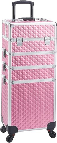 4-in-1 Beauty Hairdressing Trolley on Wheels Vanity Case for Women Makeup Rolling Box Storage 4 Tiers Nail Technician Case Lockable Pink