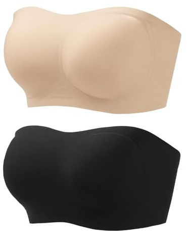 HBselect 2 Pack Women's Wireless Strapless Bras Seamless Bandeau Bra Padded Anti-Slip Tube Bra Sports Yoga Push Up Bralette Black/Beige