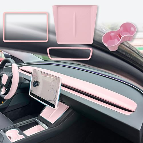 YJMOTOR 4PCS Center Console Wireless Charger Mat Silicone for 2025 2026 Tesla New Model Y Juniper Cup Holder Insert, Screen Edge Protector Frame, Rear View Mirror Cover Decoration Accessories(Pink)