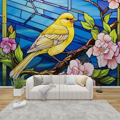 PaxGloz Fototapete Blumen Vogel Tapete Buntglas Vogel Motiv Tapeten Vliestapete Modern Wandtapete Wohnzimmer Schlafzimmer Kinderzimmer Wanddeko Motivtapeten 150 x 105 cm (B x H)