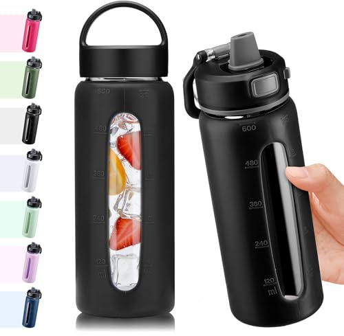 BLUEGO 600ml Botella de agua de vidrio con 2 tapas-Tapa con cierre de un toque y asa Botella reutilizable con indicador de tiempo para Viajes Casa Gimnasio Deportes Libre de BPA, Negro