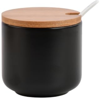 Amexo 260ml Sucrier en Céramique avec Couvercle et Cuillère, Céramique Sucrier Seasoning, Pot a Sel Cuisine en céramique Boîte à Sel en Céramiqueparfaite pour le Buffet du Café de L'hôtel Home, Noir
