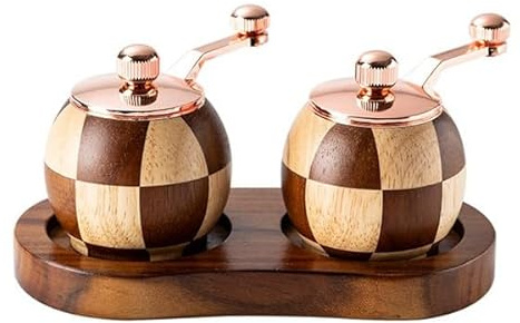 Tagtight Salz und Pfeffermühlen Set aus, Gewürzmühle mit Handkurbel und Schachbrettmuster, Modische Manuelle Gewürzmühle 2er mit Untersetzer, Küchenhelfer Set Küchengeschenk