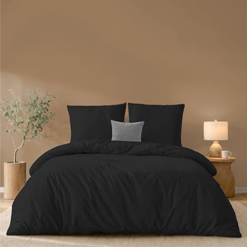 Twinzen - Bettwäsche 220x240 + 2 Kissenbezüge 65x65 cm - 100% Mikrofaser | Schwarz · Bettbezug · 3 Teile · Weich · Hautfreundlich · OEKO-TEX · Reißverschluss · Pflegeleicht · Langlebig