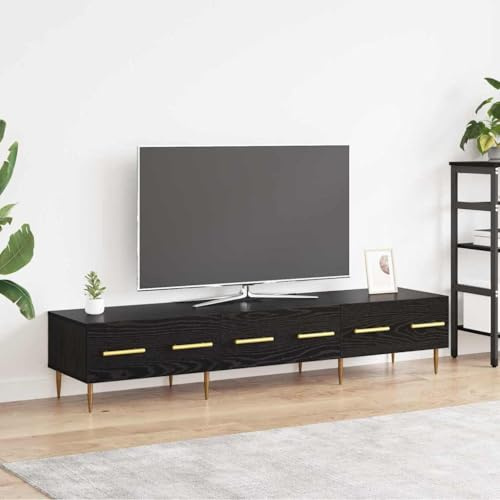 Yunovire Meuble TV aspect chêne noir, 150 x 36 x 30 cm, en matériau dérivé du bois, avec tiroir et 3 étagères, pieds dorés, design moderne, pour salon, chambre à coucher, rangement multimédia