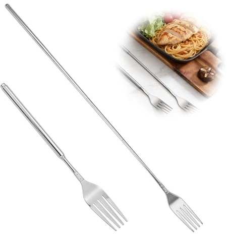 Wcawnlt Forcella telescopica, forcella allungabile in acciaio inox con lucidatura a specchio, argento, pieghevole, per campeggio, barbecue, viaggi e uso quotidiano