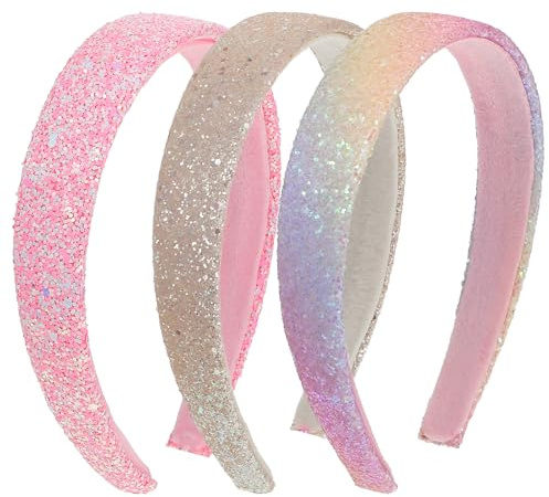 DOPENSPI 3 Pcs Glitter Headbands, Sparkly Sequin Wide Hairbands | Glitter Pink Rainbow Hairbands Non-Slip Plastic Hair Accessories in Warm Colors for women