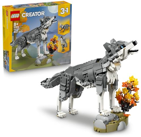 LEGO Creator 3-en-1 Les Animaux de la Forêt : Le Loup Gris - Jouet - Figurine d'animal se Transformant en Faucon ou Raton Laveur - Décoration DIY - Cadeau d'anniversaire Fille ou Garçon 8 Ans 31393