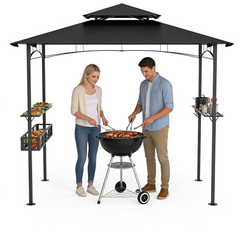 Ferzone Grillpavillon 245x153x250cm, Grillunterstand Wetterfest mit Doppeldach&Seitenregalen&Haken, Grillüberdachung Winterfest, BBQ Pavillon Grillzelt für Garten Party Terrasse Balkon, Schwarz