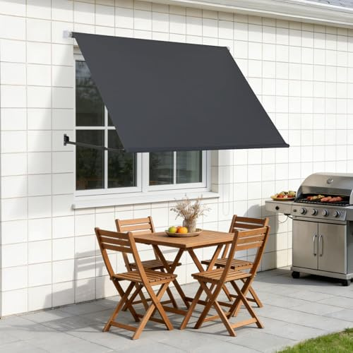 Jaxguom Auvent rétractable 150 x 150 cm, bras de support réglable de 70 à 120 cm, chaîne de perles de 2 m, montage mural, protection solaire et protection contre le vent, pour balcon, terrasse, jardin