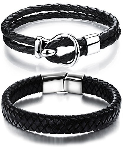 Aroncent 2er Herren Armband Schwarz Lederarmband Vintage Armreif Leder Wickelarmband Partnerarmbänder Edelstahl Armband Geflochtenes Armkette für Herren, Schwarz, Silber