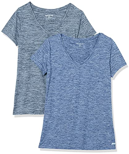 Amazon Essentials Camiseta Elástica de Secado Rápido, Manga Corta y Cuello en V (Hay Tallas Grandes) Mujer, Pack de 2, Azul Marino Mezcla/Negro Mezcla, L
