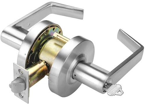 LYNN HARDWARE Commercial Door Lever Lock - Heavy-Duty Locking Door Handle, Designer Door Handles, Cylindrical Lever Lock, Non-Handed Grade 2 Door Handle, Satin Chrome, Classroom Function