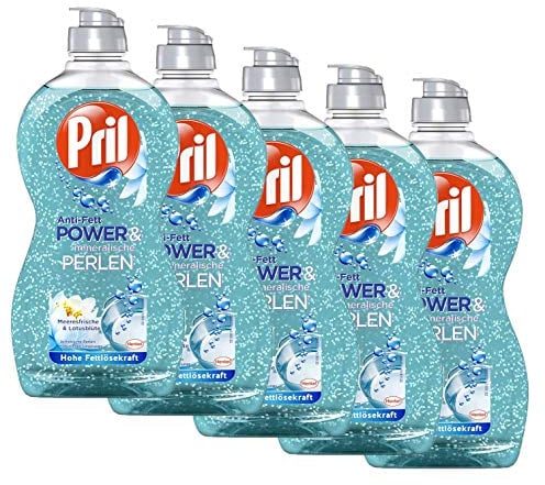 Pril Anti-Fett Power & mineralische Perlen, Meeresfrische & Lotusblüte, Spülmittel, 5er Pack (5 x 450 ml)