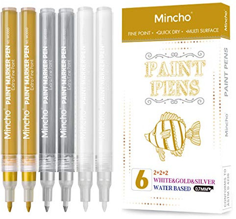 White Paint Pen, 0.7mm Acrylic 2 White, 2 Gold, 2 Silver Permanent Marker Pens for Wood Rock Plastic Leather Glass Stone Metal Canvas Ceramic Marker Extra Very Fine Point Opaque Ink, 6 Pack