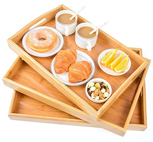 3 Pack Bamboo Serving Trays with Handles, Rectangular Kitchen Food Tray for Eating, Dinner Trays for Eating on Couch, Wood Serving Platter for Breakfast, Tea, Bar, Restaurant, Party or Bed (Beige)