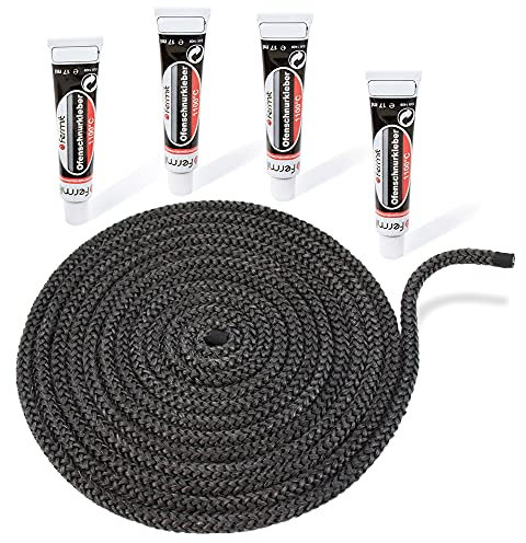 LANZZAS Kamin- & Ofendichtschnur - Ø 10 mm, Länge: 5 m - Glasband für Kamintüren - hitzebeständig bis 550°C - mit feuerfestem Montagekleber