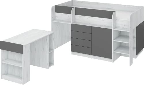 FurnitureByJDM Hochbett mit Schreibtisch, Schubladen & Bücherregal – Platzsparendes Kinderbett 90x200 cm Matratzengröße – Rechtsseitige Treppe – Smile (Craft Weiß/Graphit)