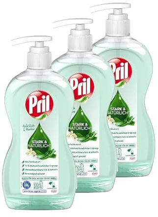 Pril Liquide vaisselle Stark & Naturel, à la fleur de pomme et à l'aloe vera (3 x 420 ml), liquide vaisselle sensible à haute puissance dégraissante, dans un flacon pompe rechargeable, certifié ange