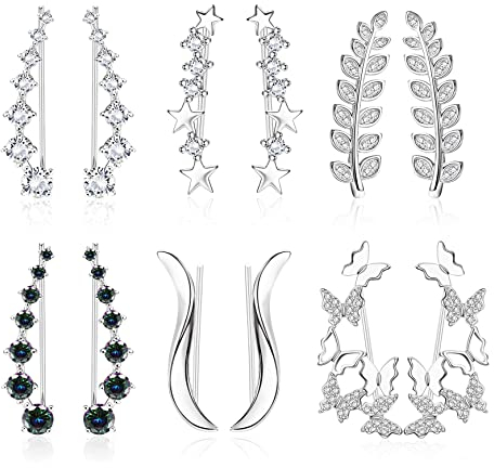 CASSIECA 6 Paar Ohrring Manschetten Ohrkletterer Zirkonia Ohrstecker für Frauen Mädchen Schmetterlings Stern Bling CZ Ohr Ranken Wickel Ohrring Hypoallergener Knorpel Schmuck