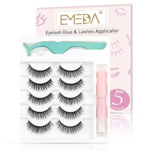 EMEDA 5 Paar Wimpern mit Kleber und Pinzette Flauschige Faux M ink Wimpern Mit Kleber 3D Wispernde Russische Streifenwimpern Dramatische Lange Dicke Volumen Falsche Augenwimpern Kit (Flauschig 01)