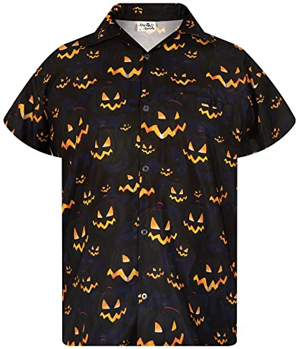 King Kameha Funky Hawaiihemd Herren Kurzarm Fronttasche Hawaii-Print Halloween Kürbis Grusel Funky Pumpkin Prints