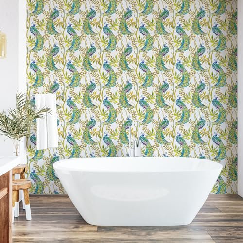 Ambesonne Peacock Peel & Stick Wallpaper for Home, Watercolor Pattern with Abstract Vivid Exotic Long Tailed Birds on Branches, Self-Adhesive Living Room Kitchen Accent, 33 cm x 250 cm, Fawn Teal
