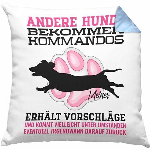 Trendation Dackel Kissen mit Füllung 40x40 Geschenke Dachshund Rauhaardackel Lustig Andere Hunde Bekommen Kommandos (Blau)