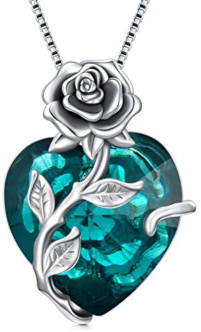 OCJ May Birthstone Necklaces Emerald Jewellery for Women 925 Sterling Silver Rose Flower Heart Pendant Necklace Anniversary Birthday Gifts for Wife Girlfriend