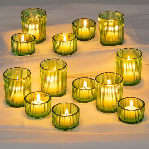 Glasseam Grün Teelichtgläser Klein, 24er Set Kerzenhalter Glas, Vintage Kerzengläser Teelichtglas, Gerippt Teelichthalter Weihnachten für Hochzeit, Teelicht Gläser für Halloween Geburtstag Tischdeko