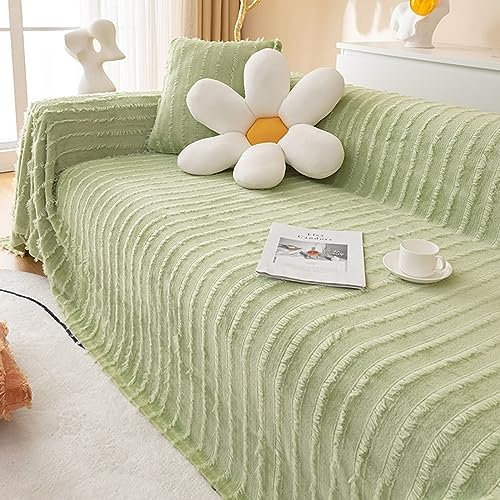Mesnt Sofabezug 4 Sitzer Big Sofa, Chenille Sofaüberwurf Decke Couch Einfarbig mit Plüschstreifen Grün, 180x360CM