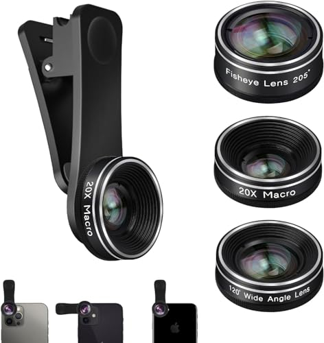 Mocalaca Phone Camera Lens 3 Phone Lens Kit with Refective Mirror, Clip on Fisheye/Macro/Wide Angle Lens Attachment for iPhone 14 13 12 11 Xs X Pro Max Samsung Android Smartphone, MO-MI-3LENS