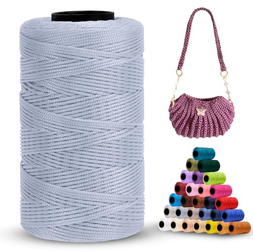 LEREATI Polyester Garn 1mm x 230m Makramee Garn 1mm Baumwollgarn Macrame Cord Polyester-Seil Baumwollkordel für Handtasche, Umhängetasche, Häkeltasche, Strickwaren (Silber-Grau)