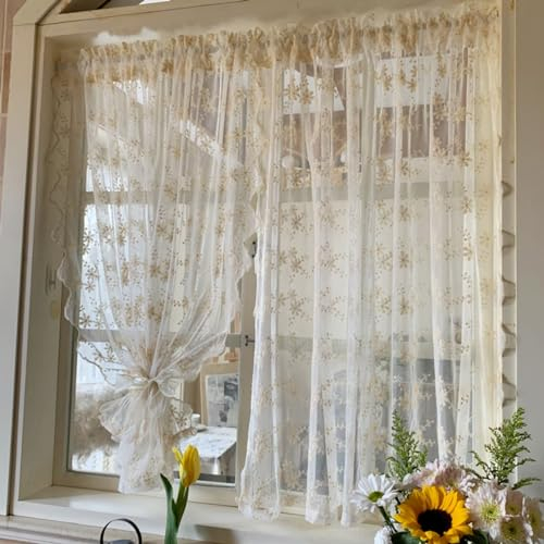 Yaland Landhausstil Scheibengardinen mit Stickerei Blumen Muster transparente Gardinen mit gebogten Abschluss Kurzstore 1 Stück Beige HxB 150x130cm
