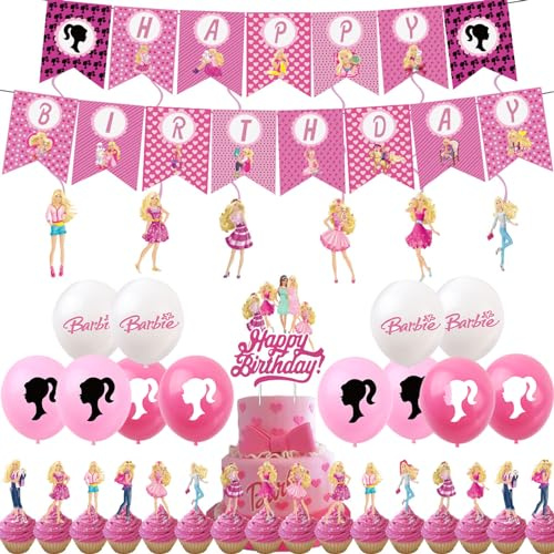 Barbie 44Pcs Kids Birthday Party Pack - Pink Theme Decorations Including Banners, Balloons, Cake Toppers & Hanging Swirls