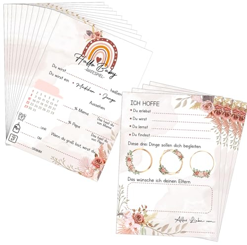 Blulu 25 Stück Babyparty Spiele Karten für Gäste Böhmische Babyparty Karten zum Ausfüllen Baby Shower Karten Babyparty Ratespiele Karten Deutsch Babyparty Wünsche Karte für Gender Enthüllungsparty