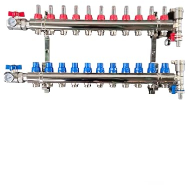 Premium Heizkreisverteiler 11 Heizkreise Kugelhahn Schnellentlüfter Messing Vernickelt Schallgedämmt Fußbodenheizung Thermometer