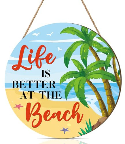 HPNIUB Life is better at the beach Hanging Sign,Summer Beach Ornaments Wall Art,29 * 29cm Beach Themed Room Decor,Coastal Decor Beach Hut Accessories Seaside Bathroom Accessories