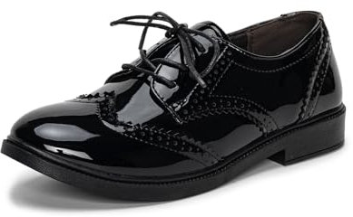 Scarpe Brogue da donna con punta ad ala Oxfords in pelle verniciata con lacci tacco basso décolleté business appartamenti signora vintage brogue, Nero vernice, 38 EU