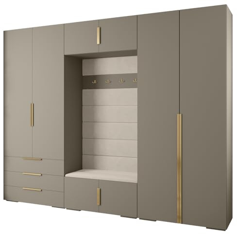 MEBLE KRYSPOL Inova 1 Möbelset - Moderne Garderobe - für Schlafzimmer, Wohnzimmer, Flur, Kinderzimmer - Ankleidemöbel - 236,7x300x47cm - Kaschmir, Paneele Manila 02, Handgriff Gold