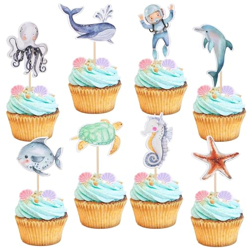 24 Stück Cupcake Topper, Thema Tortendeko Geburtstag, Cupcake Dekoration, Meeresfisch Muffin Deko für Kinder Party, Geburtstag Party, Baby Shower