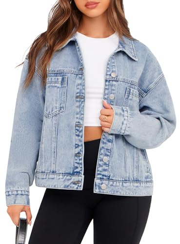 Glamaker Womens Cloths Oversized Jean Jacket Casual Long Sleeve Button Down Denim Jacket Fall Coat (Light Blue M)
