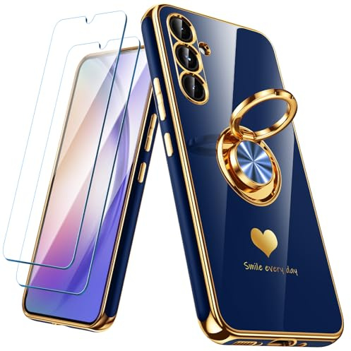 Nonional for Samsung Galaxy A54 5G Case with 2 Pack Screen Protector, 360° Rotatable Ring Holder [Luxury Hearts Pattern] Plating Gold Edge Slim Soft Phone Cover Case for Galaxy A54 - Blue
