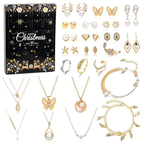 Schmuck Adventskalender 2024, Adventskalender Schmuck Frauen, Weihnachtskalender Schmuck Set mit Armband, Halskette, Ringen, Ohrringen Und Brosche für Frauen Mädchen Weihnachts Überraschungs Geschenk