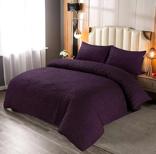 Northern Luxe Seersucker Polycotton Duvet Set - Bedding Duvet Cover Set for All Season Elegant Textured Bedding with 1 Duvet Cover & 2 Pillowcases, Easy Care, (Purple, King)
