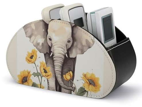 JTREHY PU-Leder-Fernbedienungshalter, Elefant und Sonnenblume bedruckt, Schreibtisch-Caddy-Aufbewahrung mit 5 Fächern, passend für TV-Fernbedienungen, Medien-Controller, Bürobedarf, Make-up-Pinsel